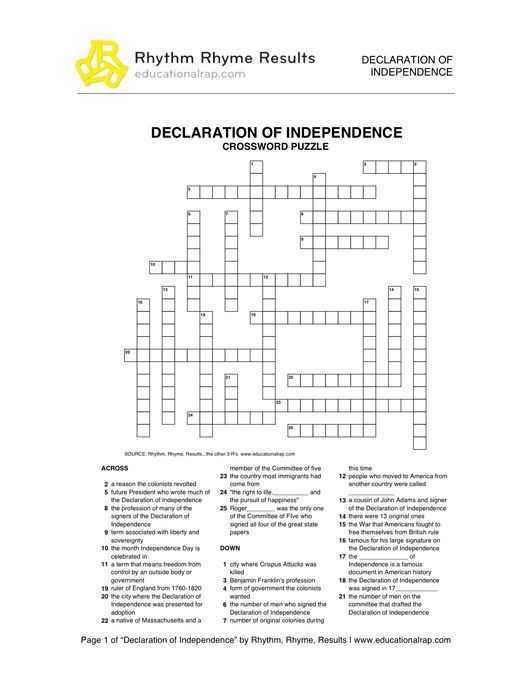 1.2 puzzle time where was the declaration of independence signed answer key