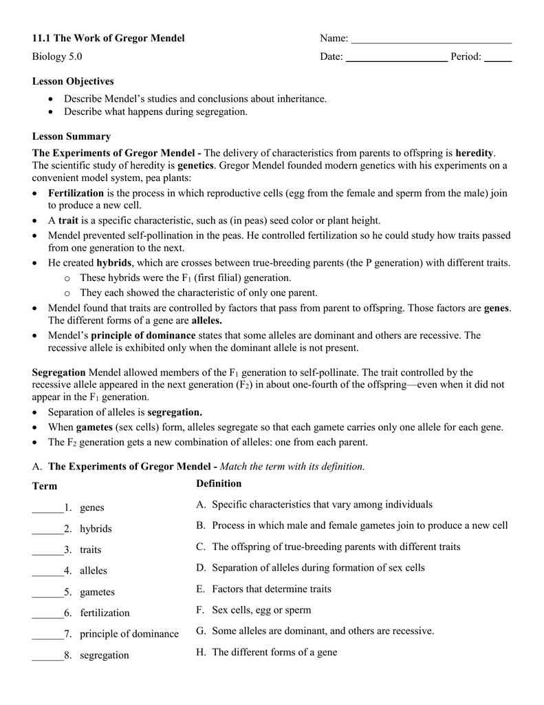 11.1 the work of gregor mendel answer key