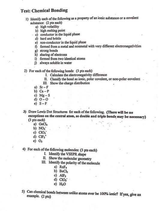 chemical bonding exam questions and answers