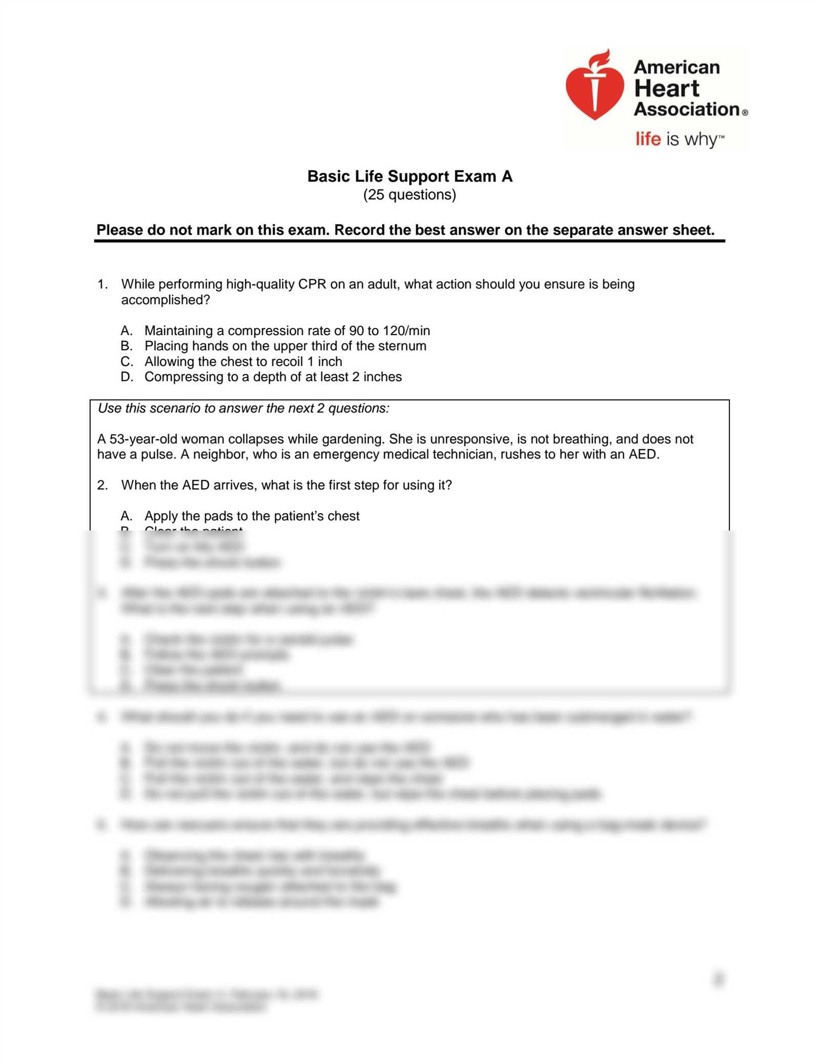 basic life support exam a february 16 2016 answers