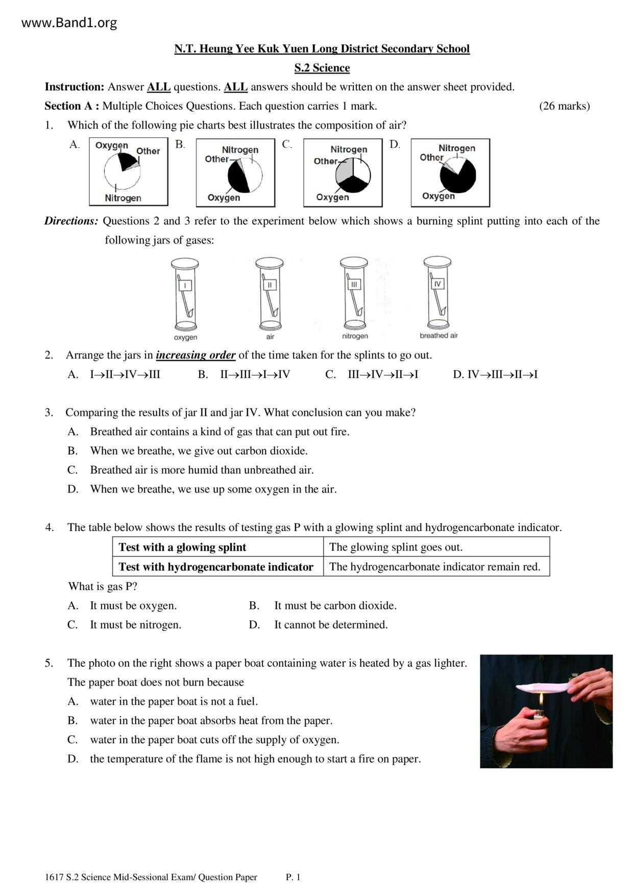 form 2 science exam paper with answer hk