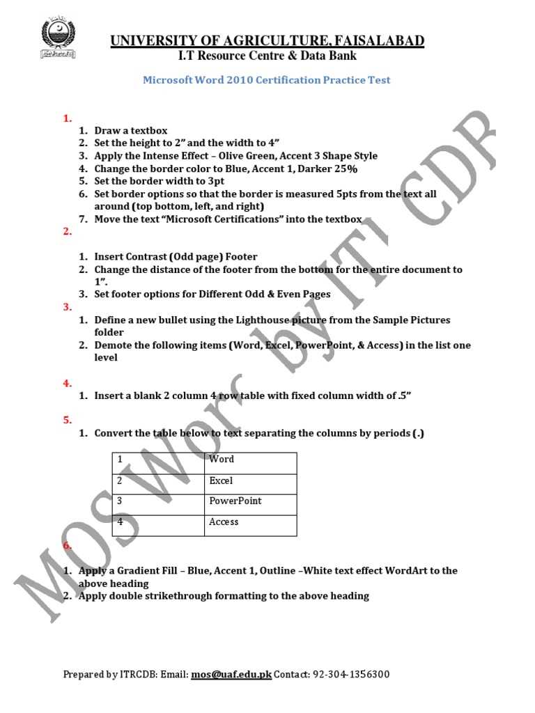 microsoft word certification exam answers