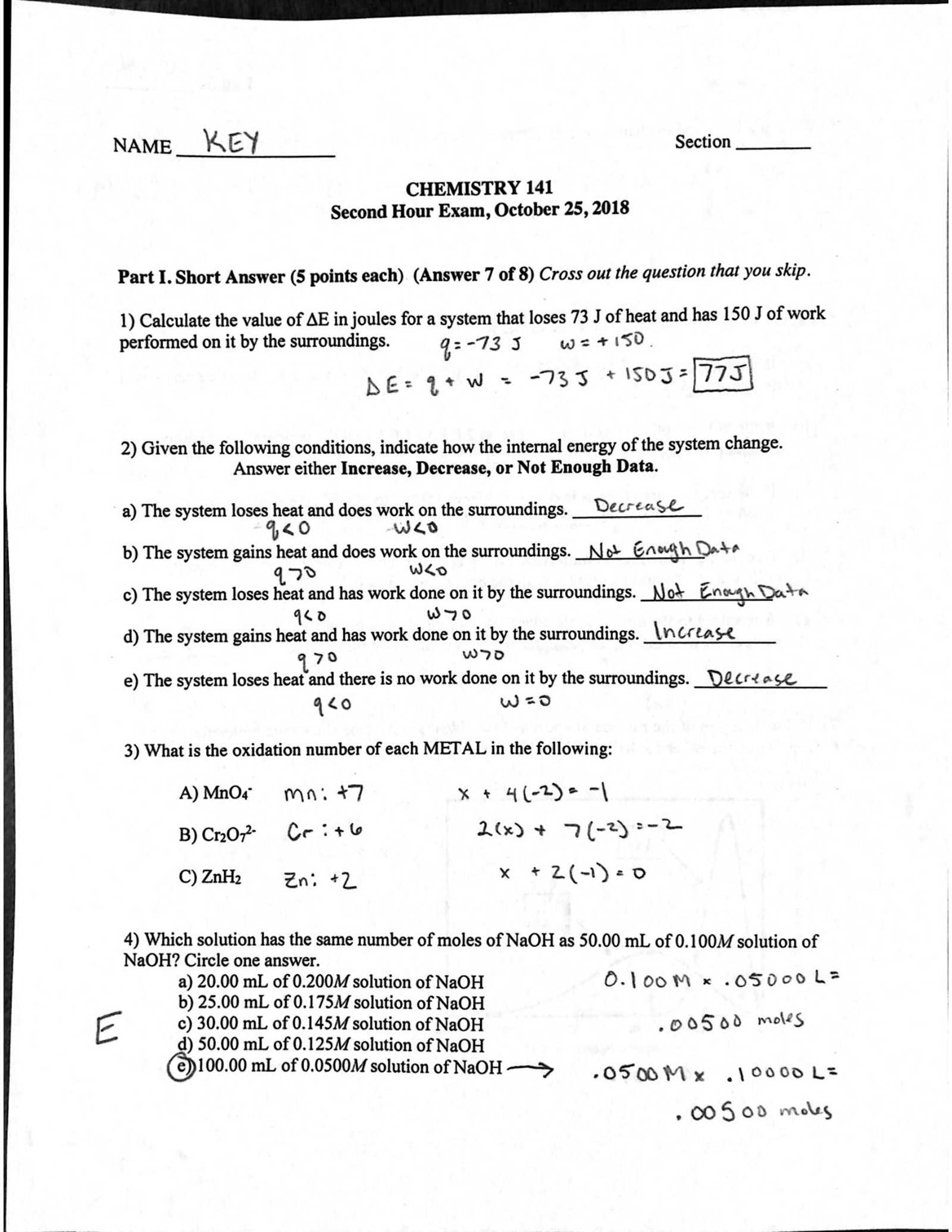 chemistry 1st semester exam answer key