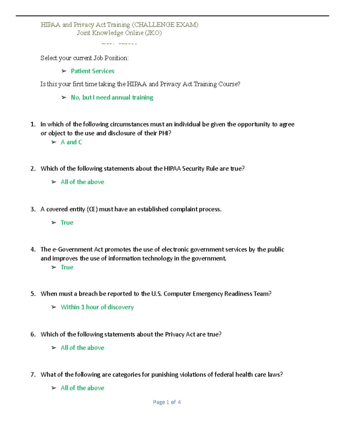 hipaa training challenge exam answers