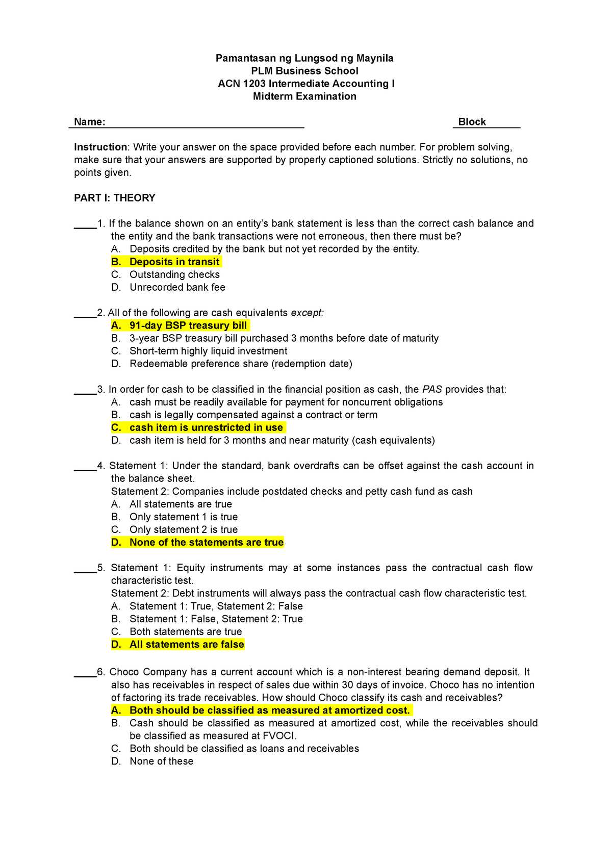 intermediate accounting 1 final exam with answer key