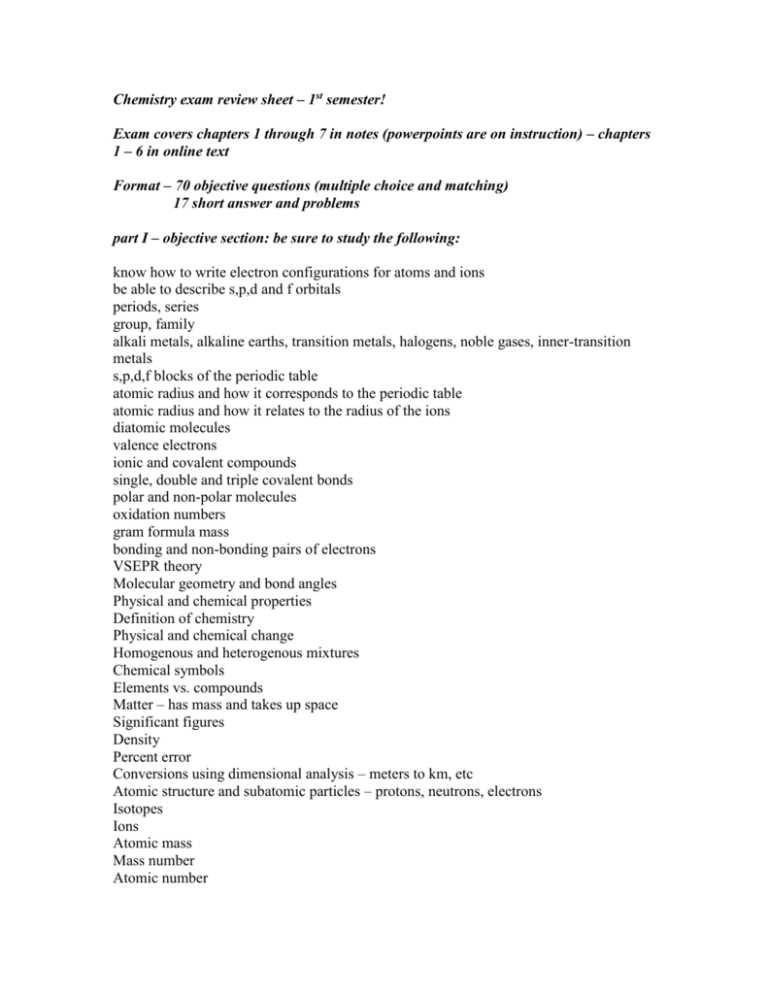 chemistry 1st semester exam review