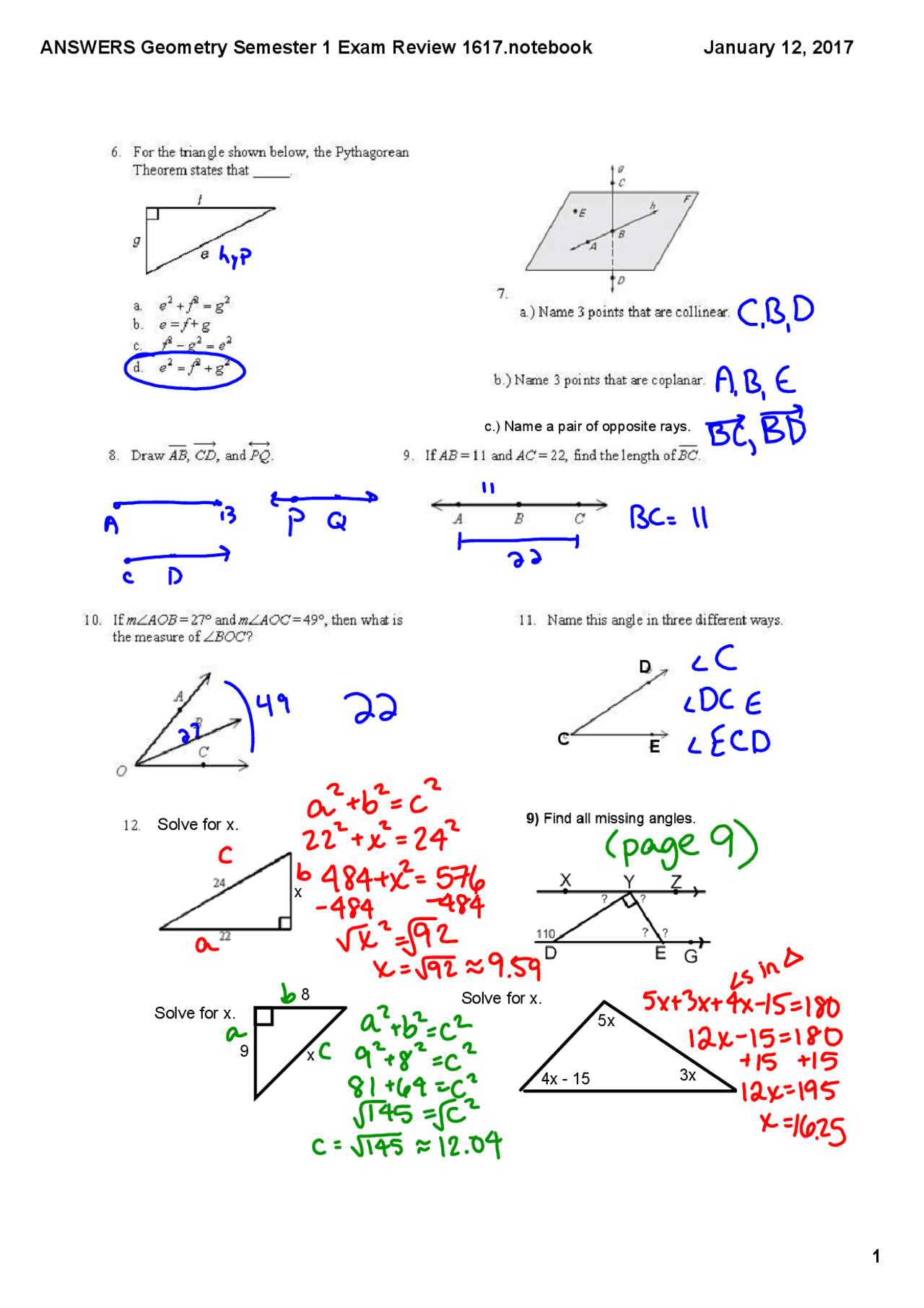 geometry semester 1 exam review answer key