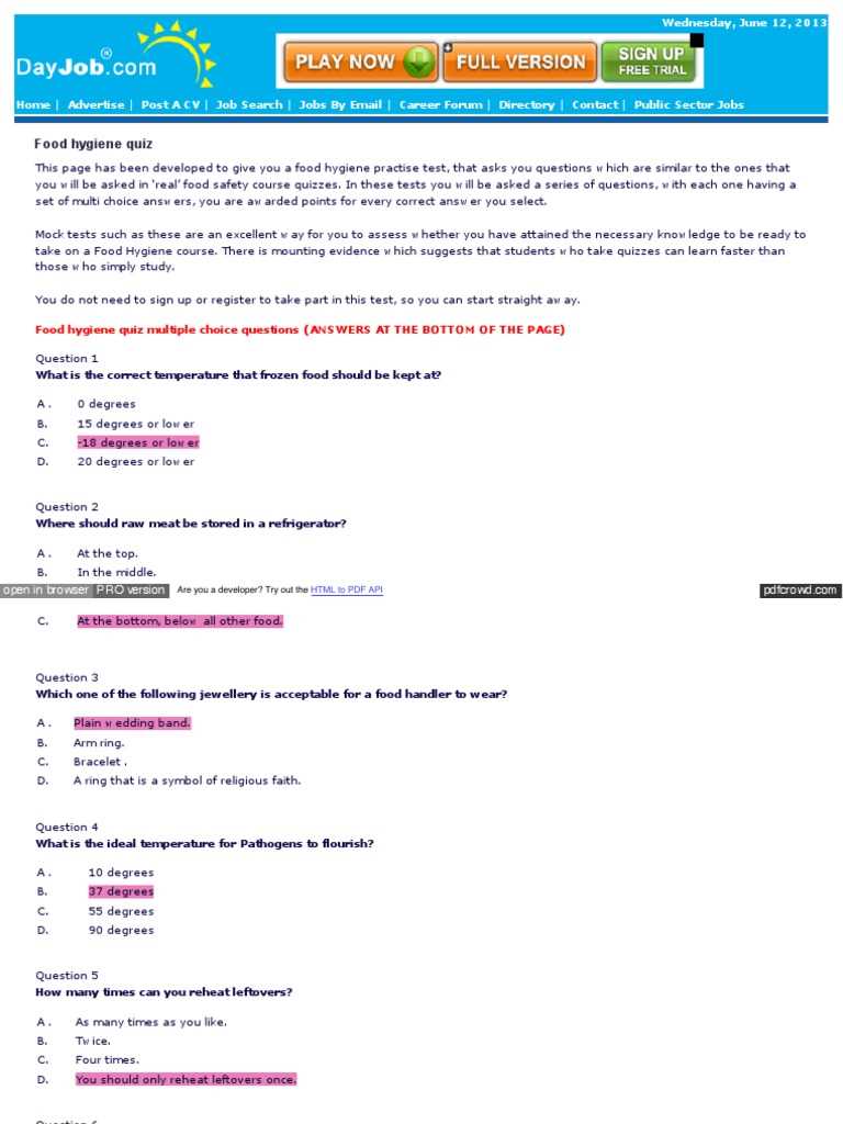 safer food handler exam answers