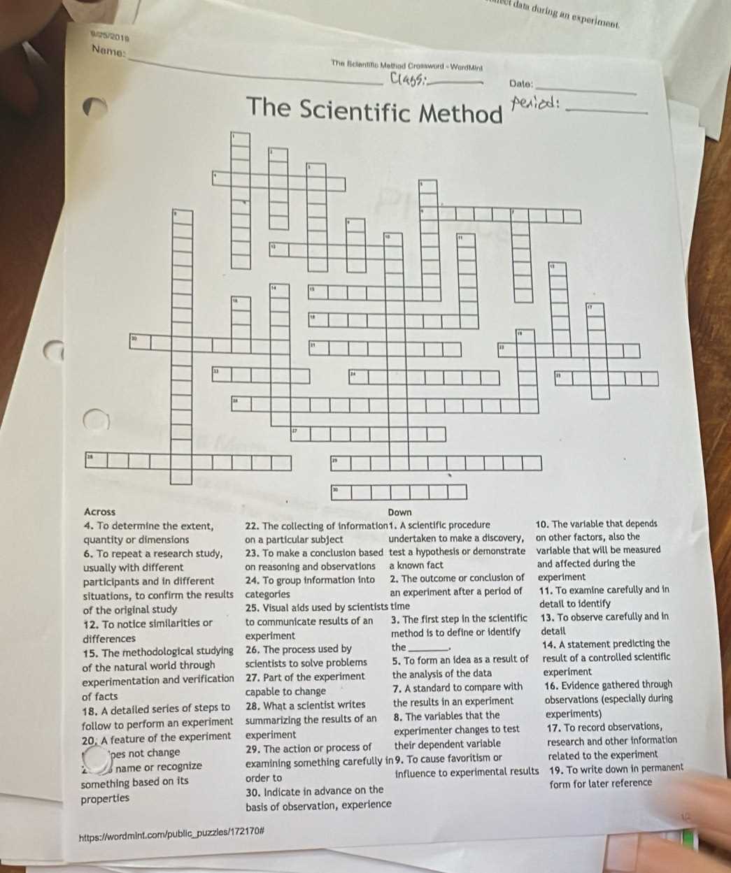 scientific method crossword puzzle answer key