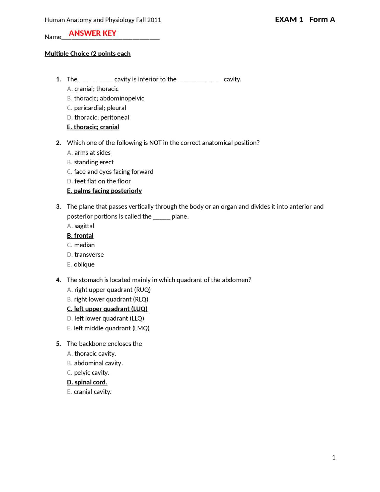 anatomy and physiology semester 1 final exam answers