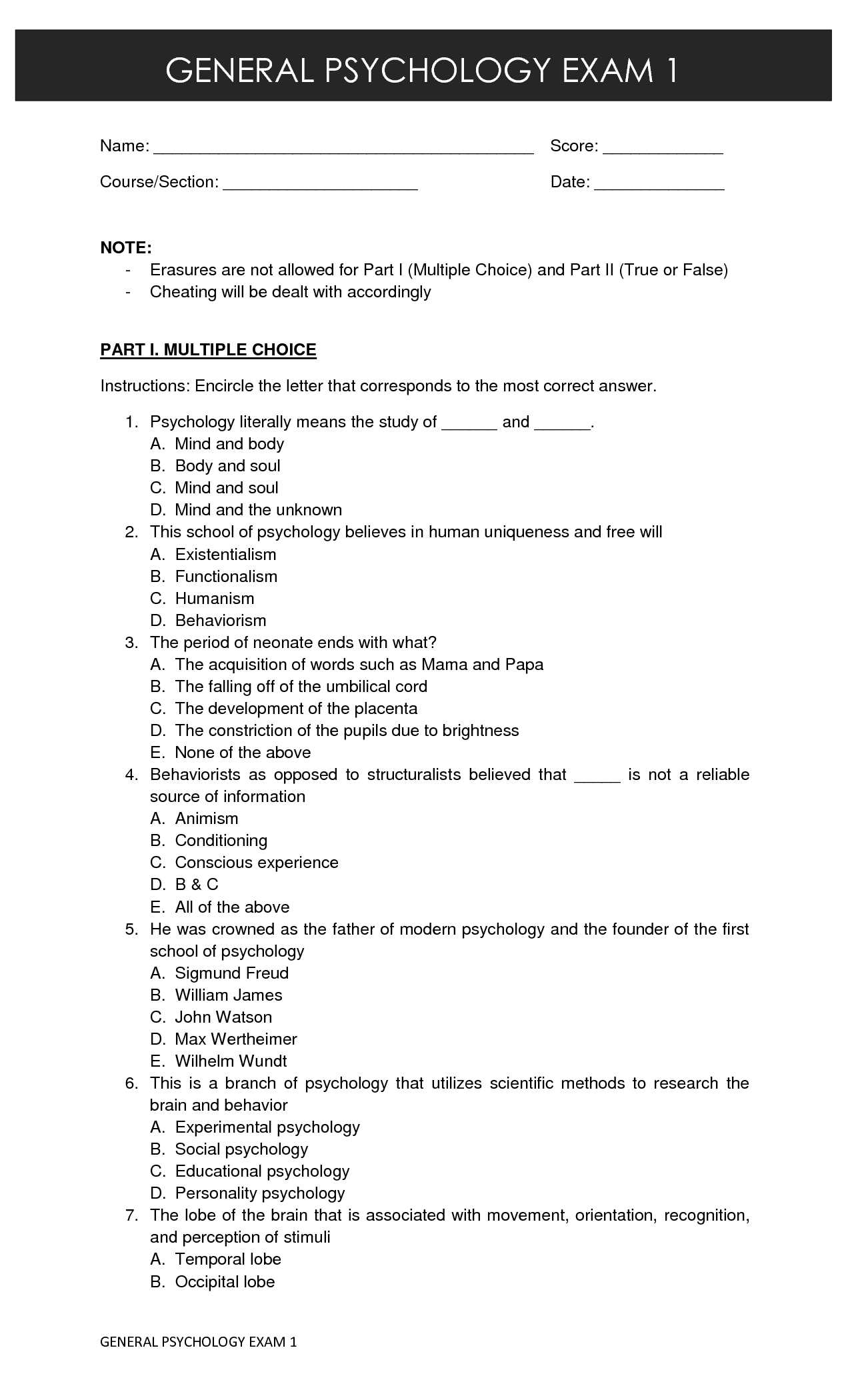 general psychology exam 2 answer key