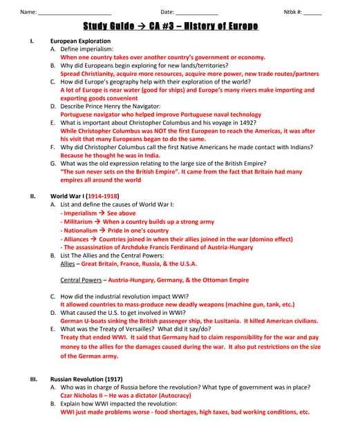 world war 1 study guide answers