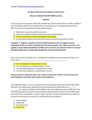 asq six sigma green belt exam questions