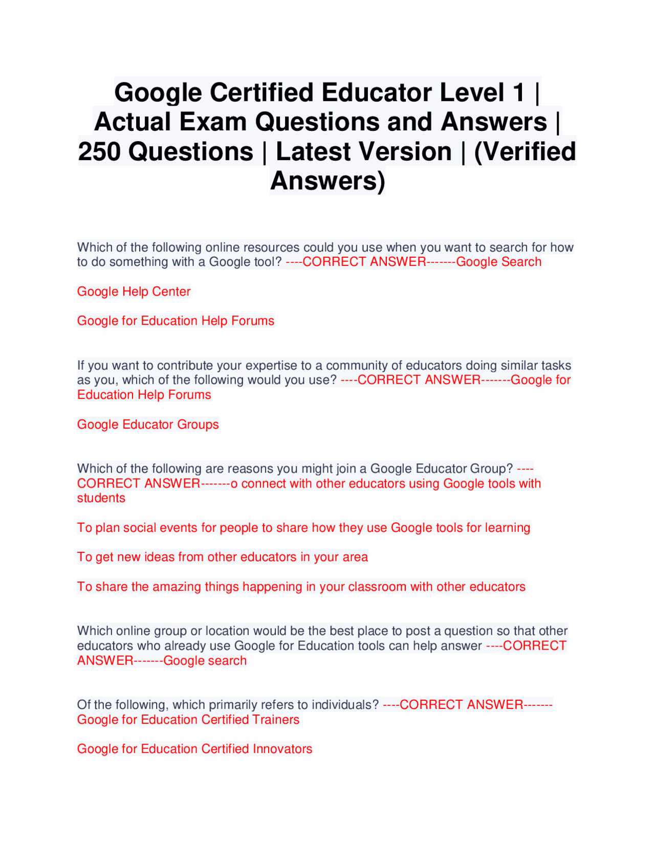 google educator level 1 exam answers 2025