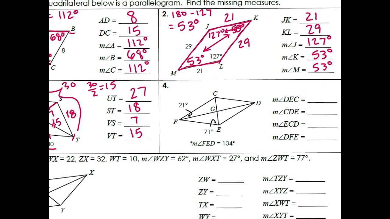 properties of parallelograms answer key