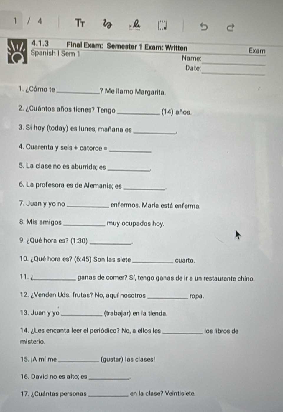 4.1.3 final exam spanish 1 semester 2 written answer key