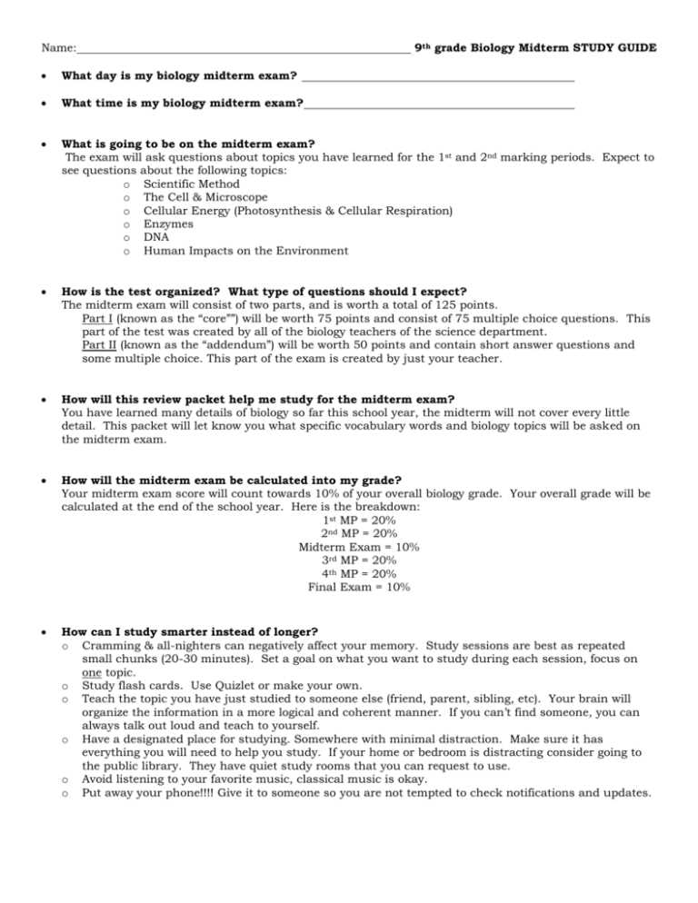 9th grade biology final exam review