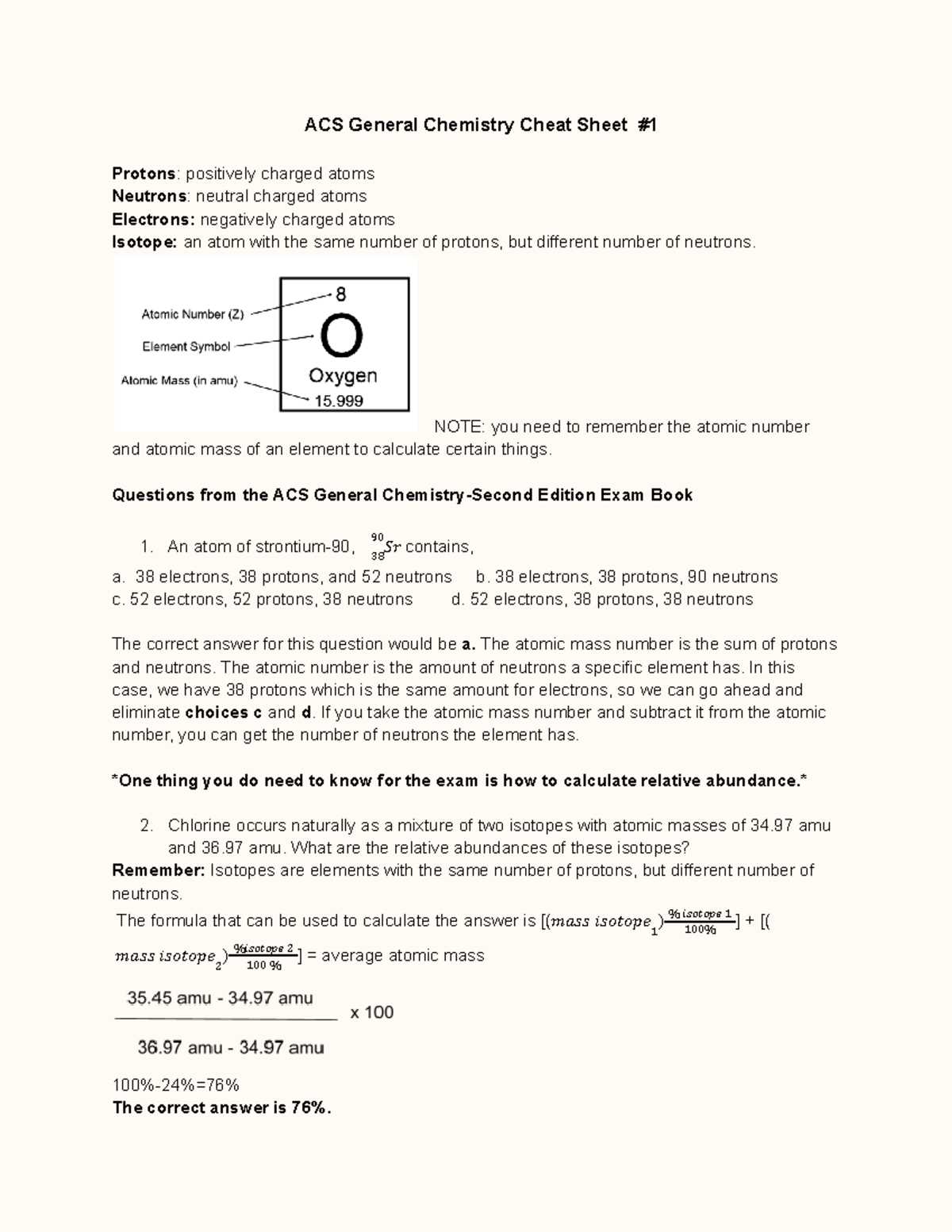 acs first term general chemistry exam answers