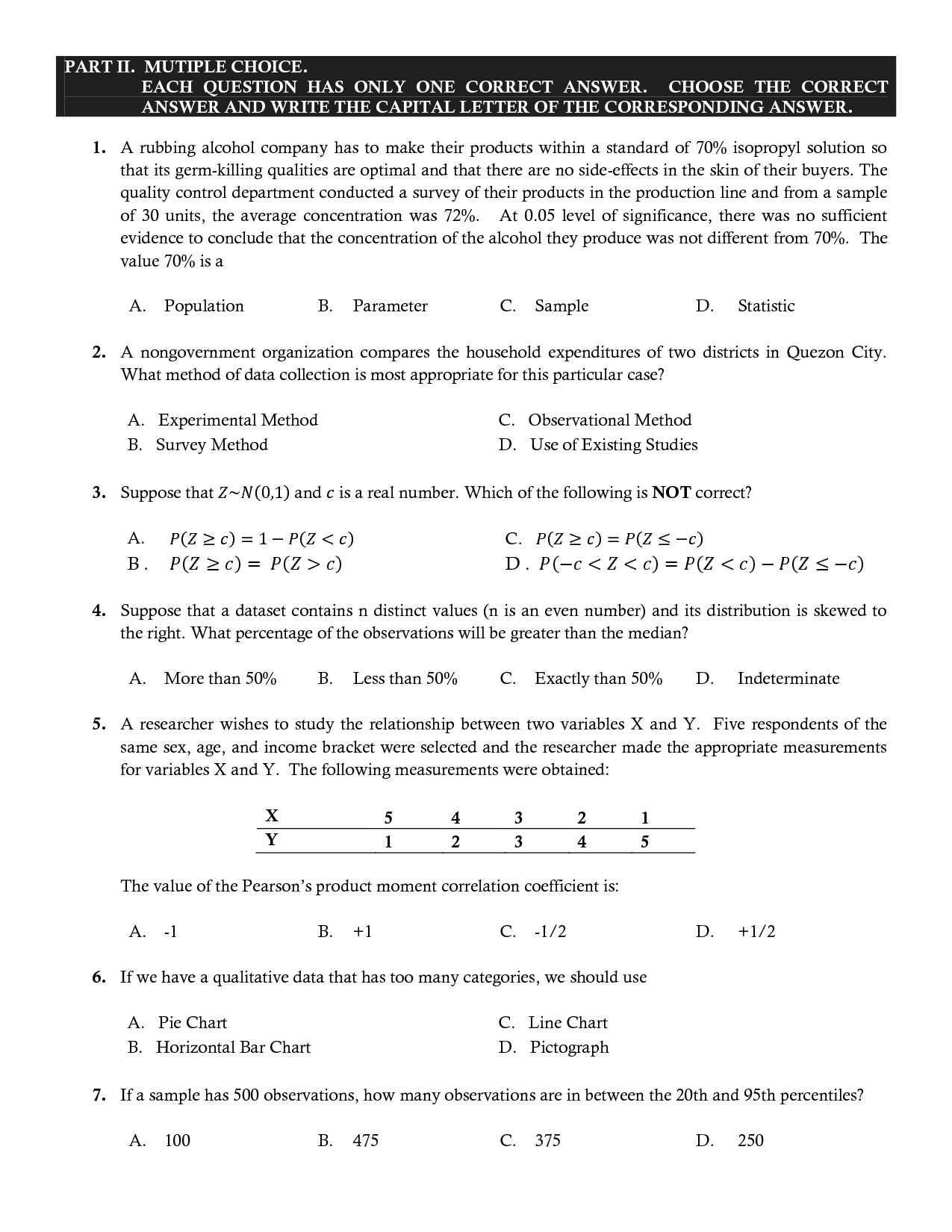 advanced business statistics exam questions and answers