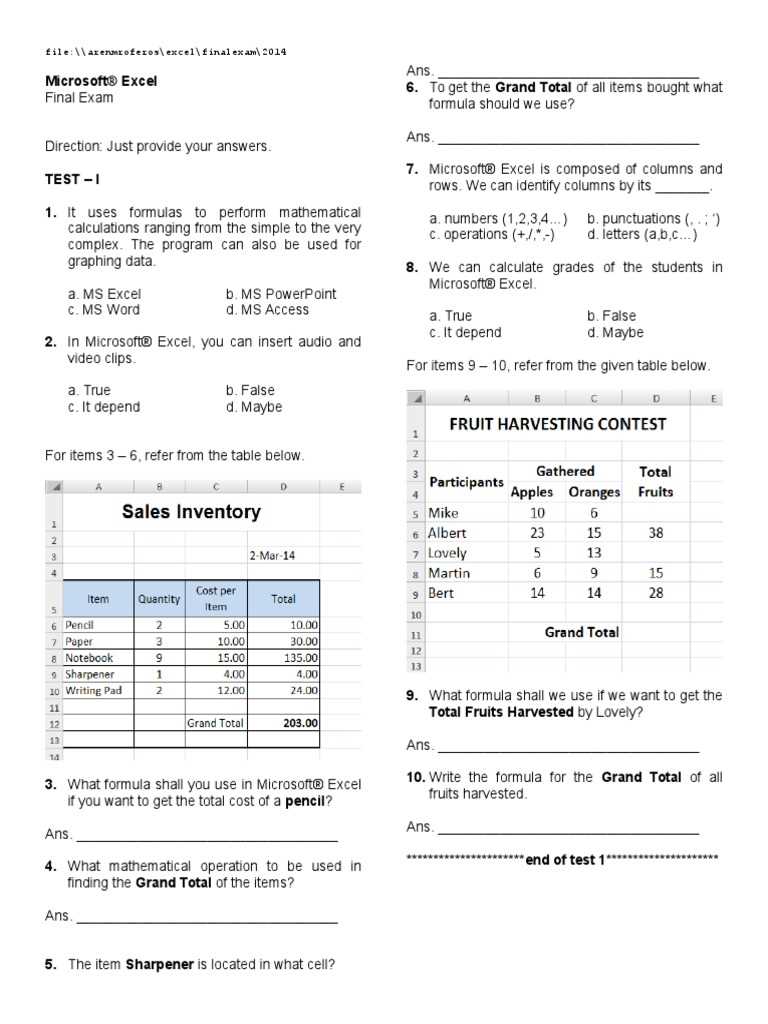 advanced excel final exam questions and answers