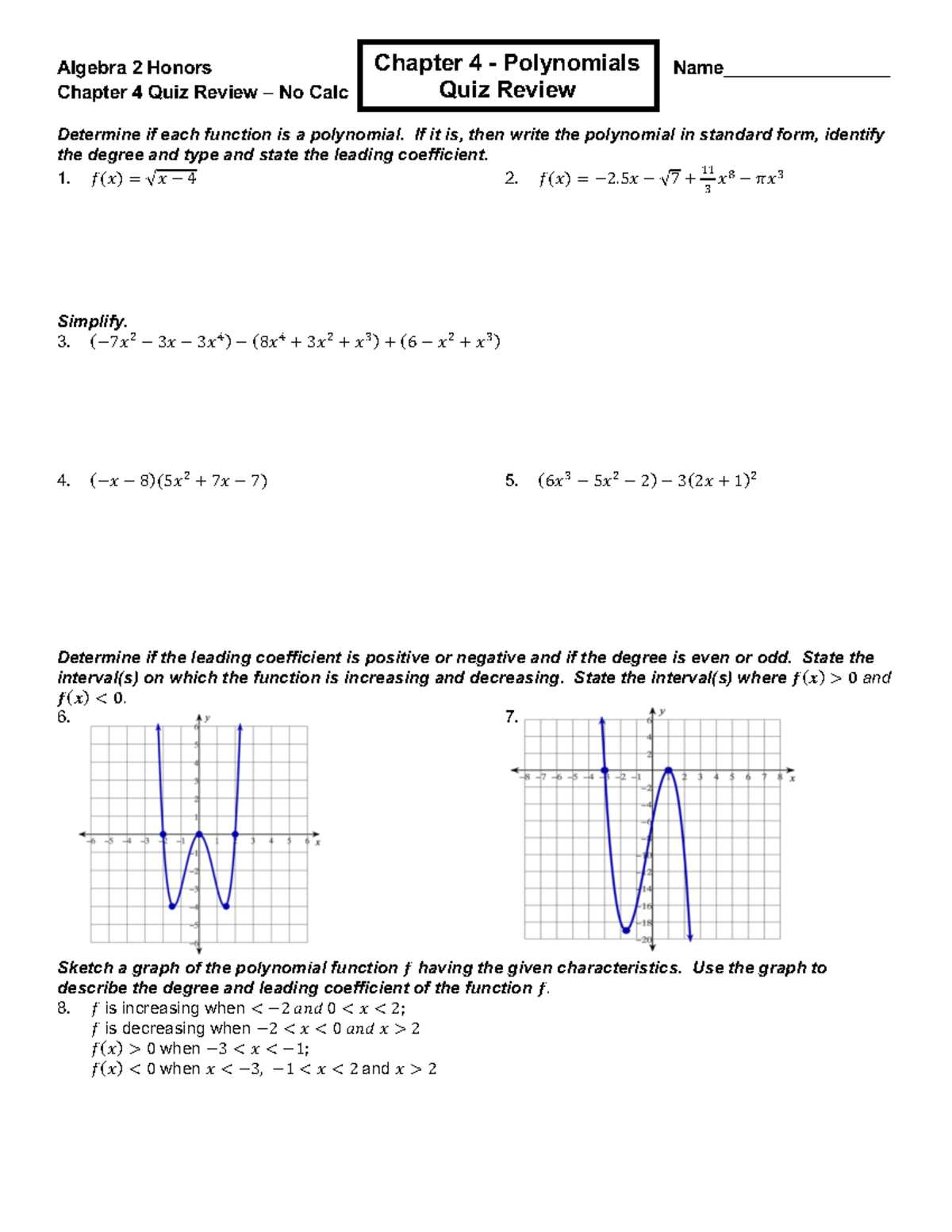 algebra 2 chapter 4 review answers