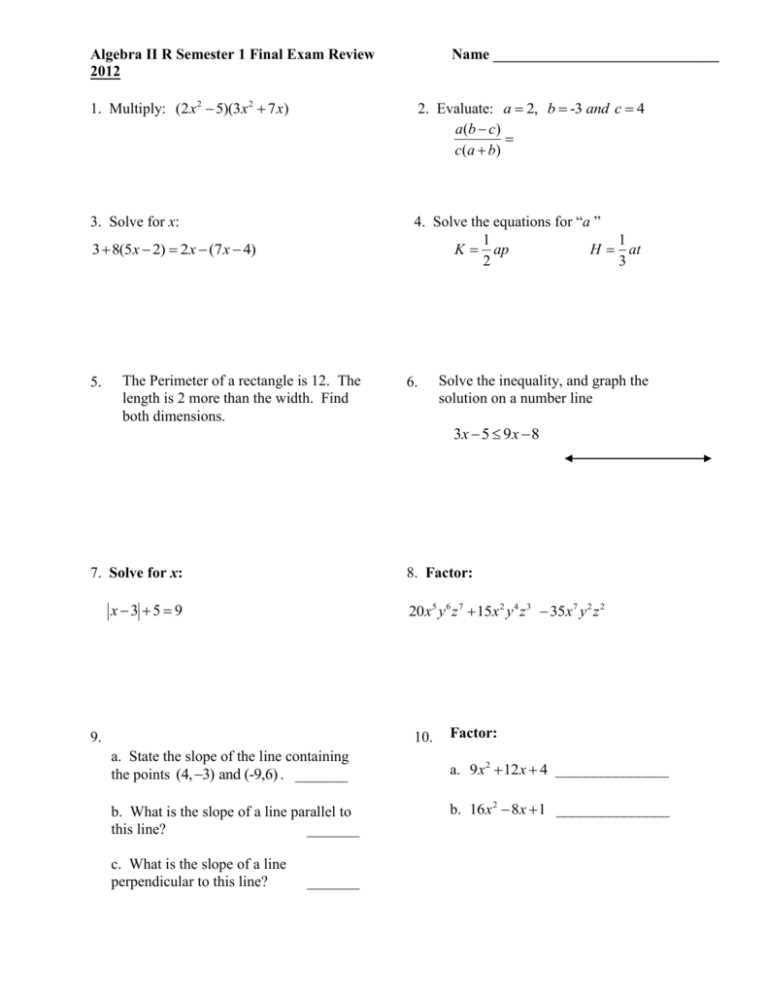 algebra 2 semester 1 exam review answers