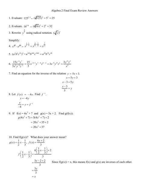 algebra 2 semester 1 exam review answers