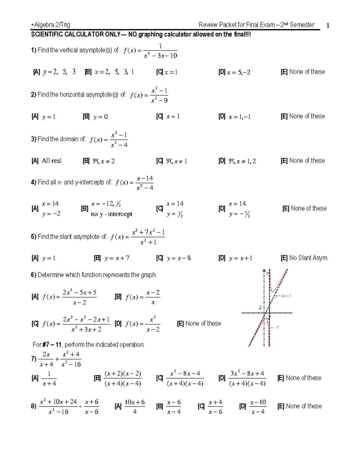 algebra 2 semester 2 exam review answers