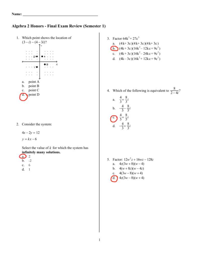 algebra 2 semester exam review answers