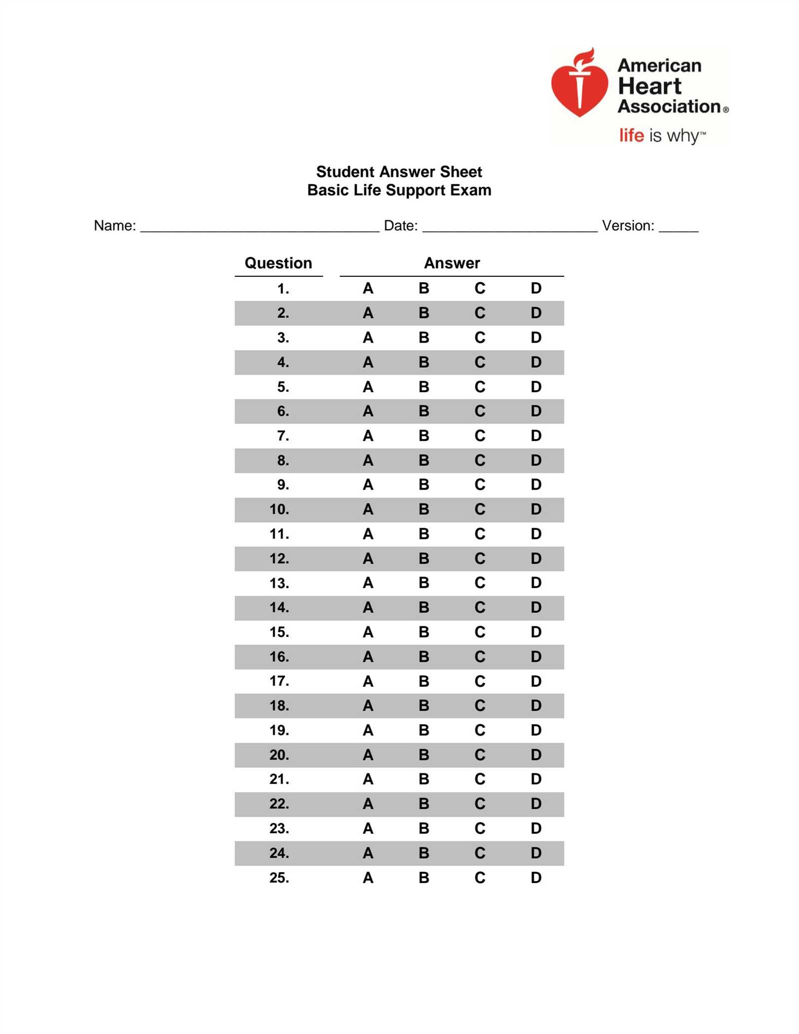 american heart association basic life support exam b answer key