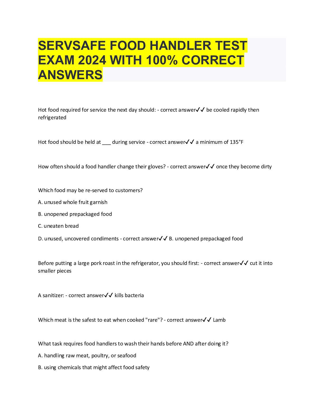 answers for the food handler test