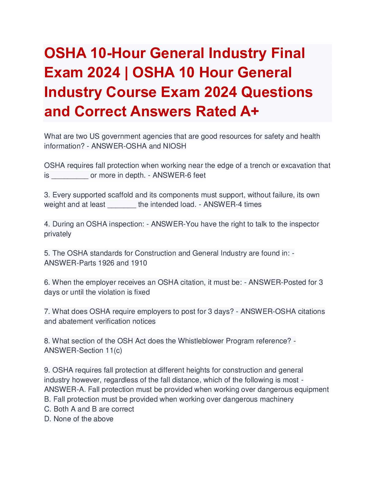 answers to the osha 10 hour course