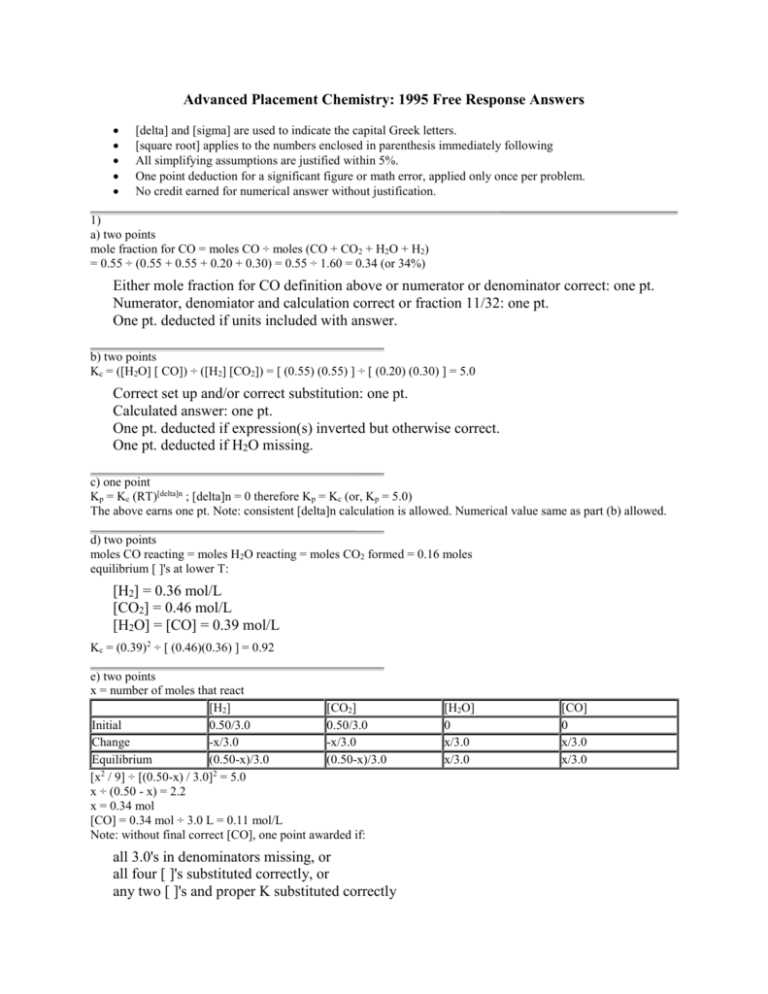 ap chemistry 1999 free response answers