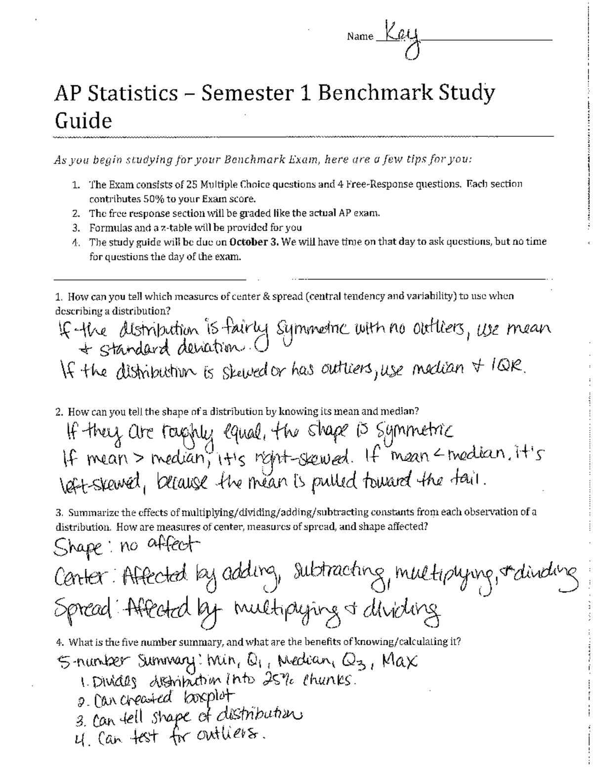 ap statistics first semester final exam review answers