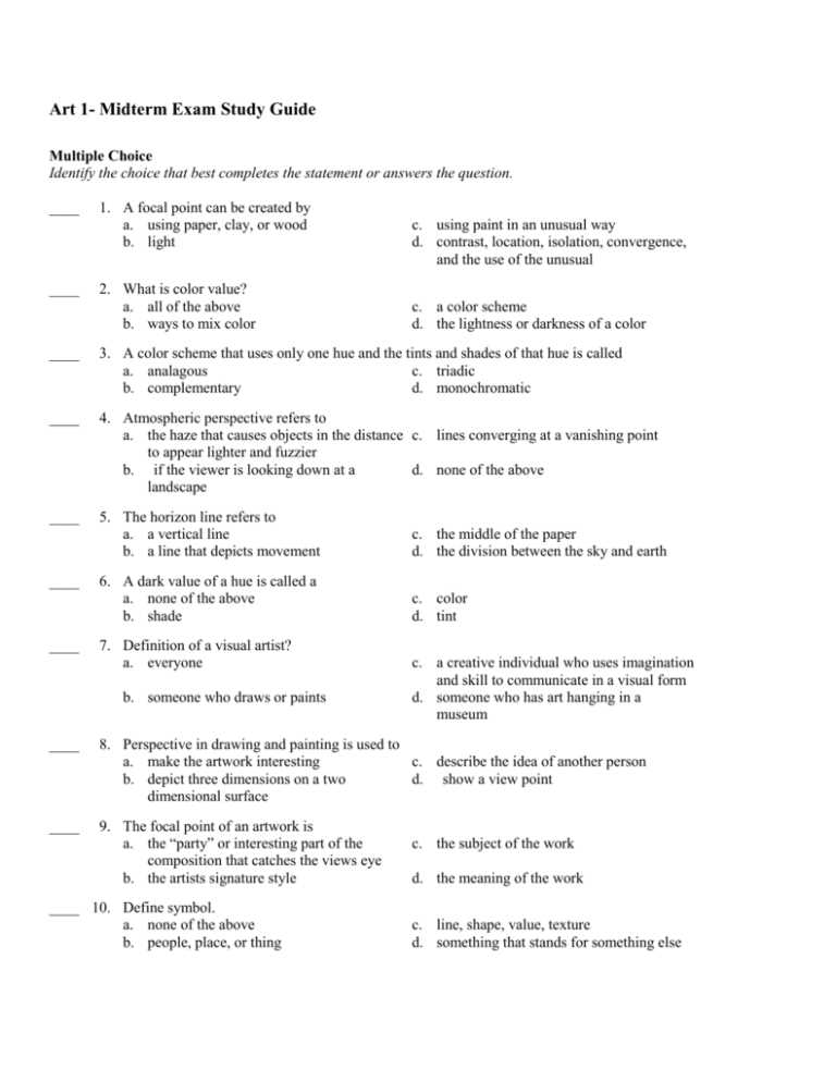 art 1 semester final exam answers