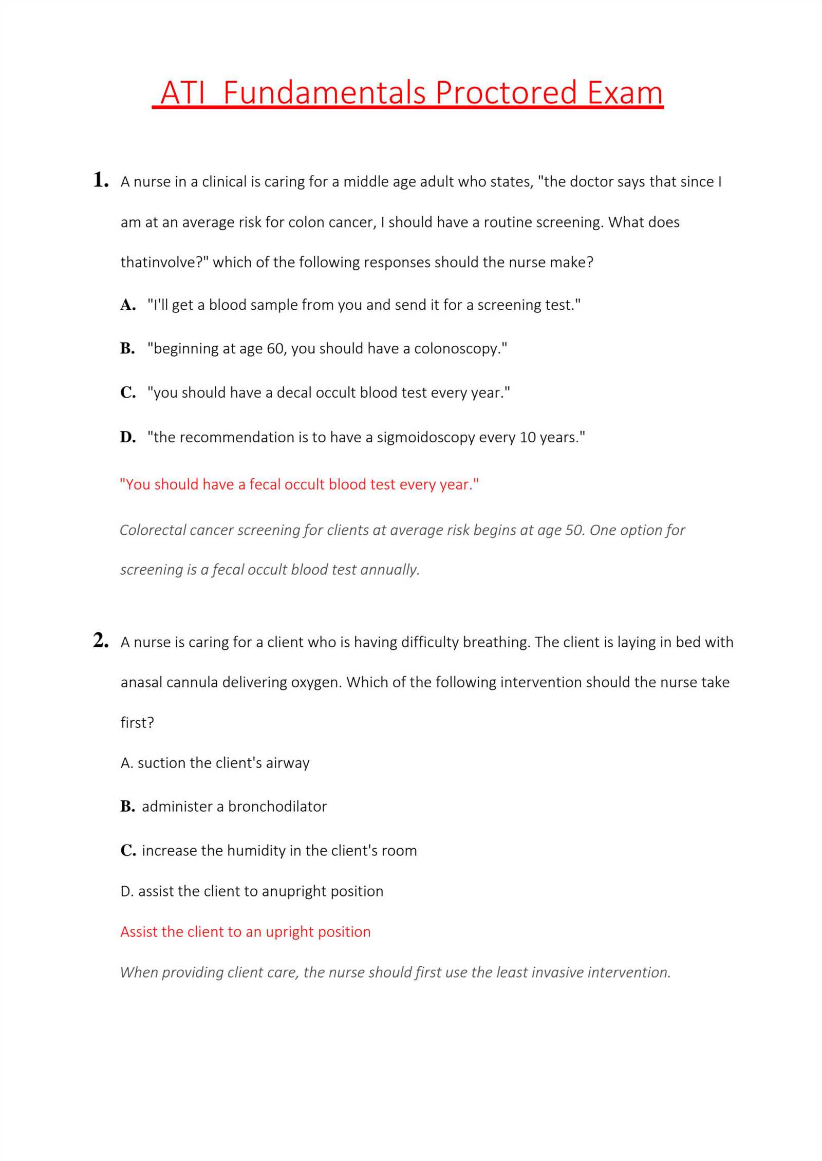 ati fundamentals proctored exam 2016 answers