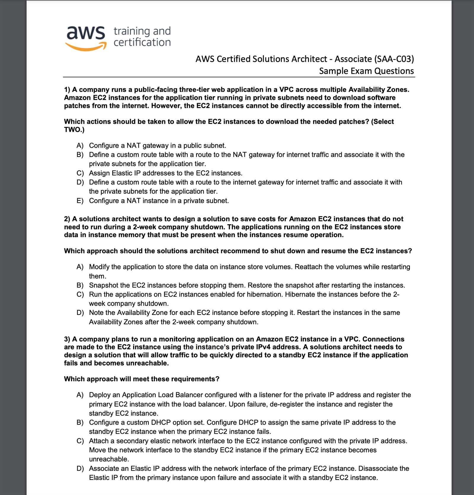 aws practice exam questions and answers