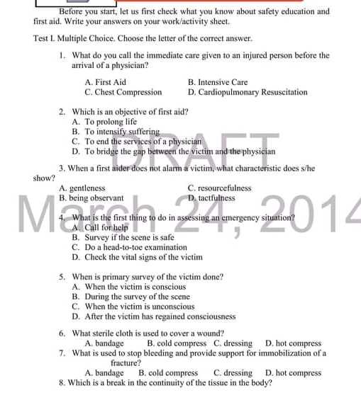 basic first aid written exam answers