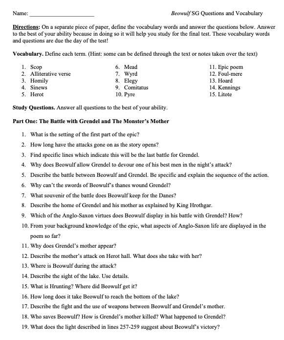 beowulf reading questions and answers