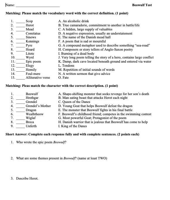 beowulf test and answers