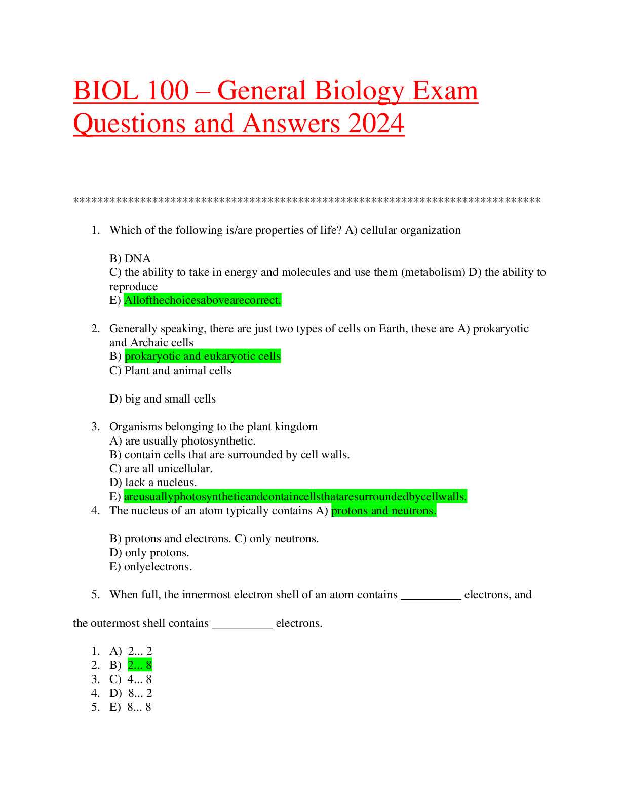 biology 1 final exam answers