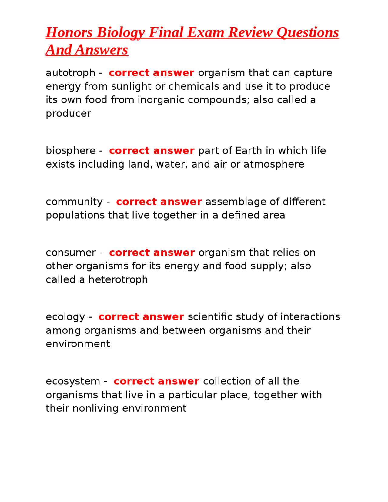 biology final exam review answer key