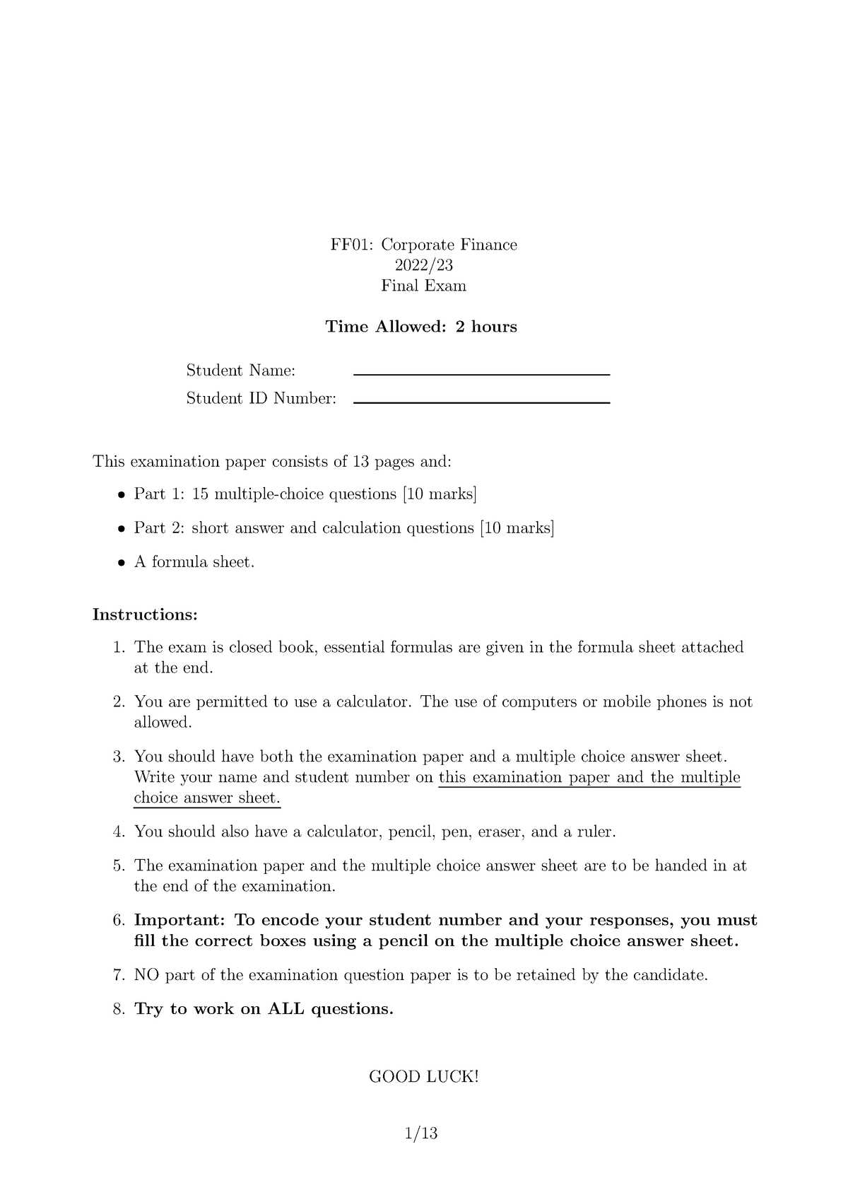 business finance final exam answers