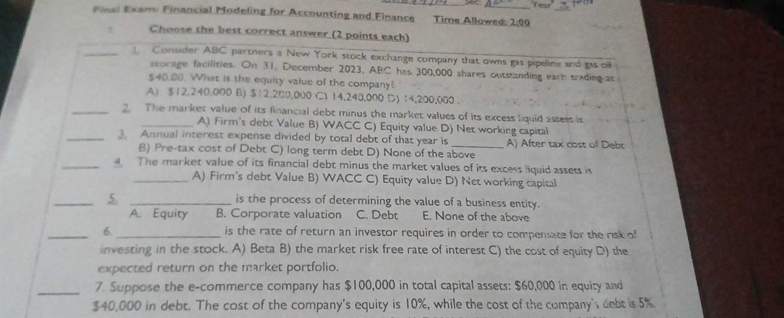 business finance final exam answers