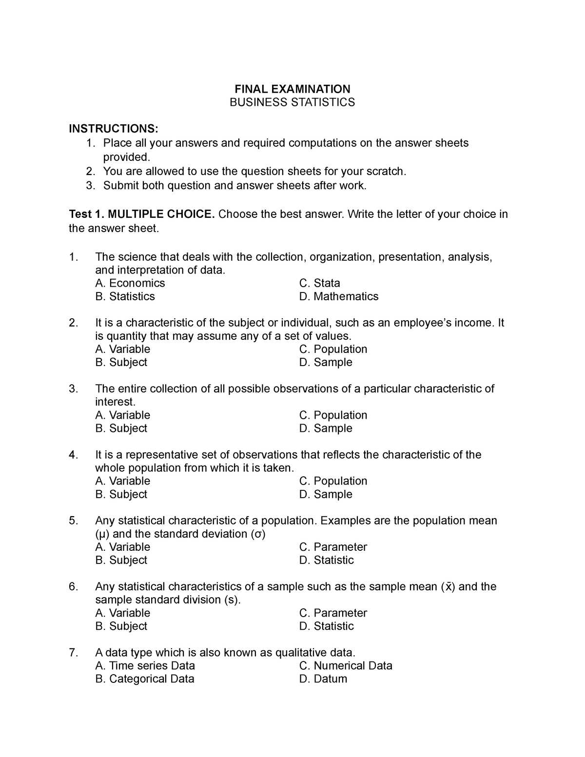 business statistics final exam answers