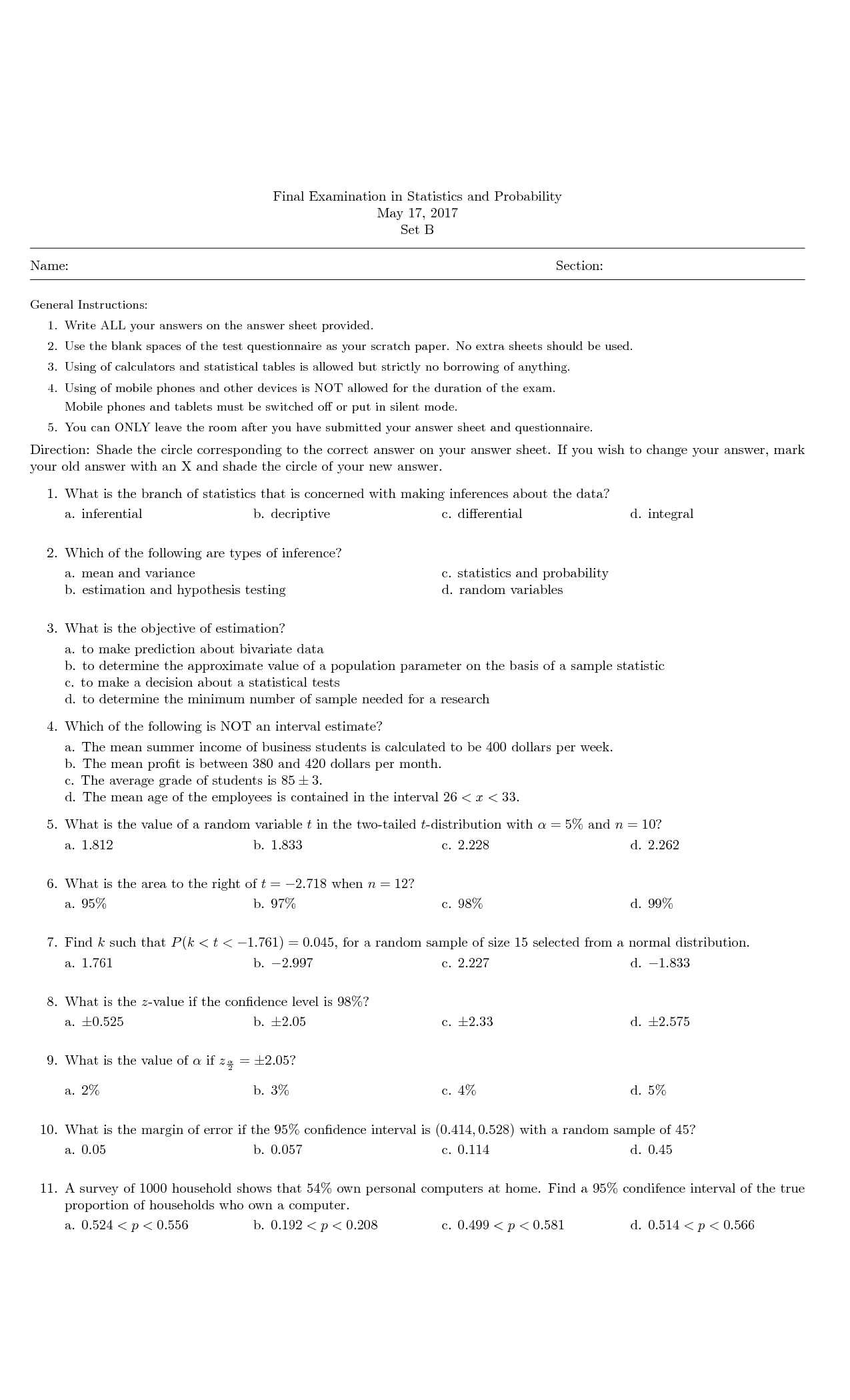 business statistics final exam questions and answers