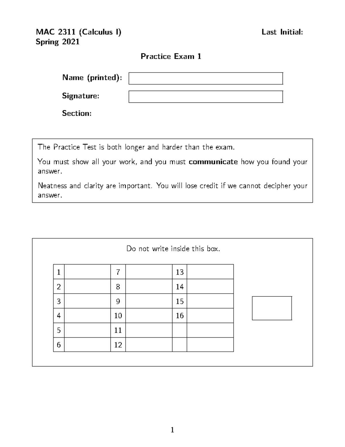 calculus 1 practice exam