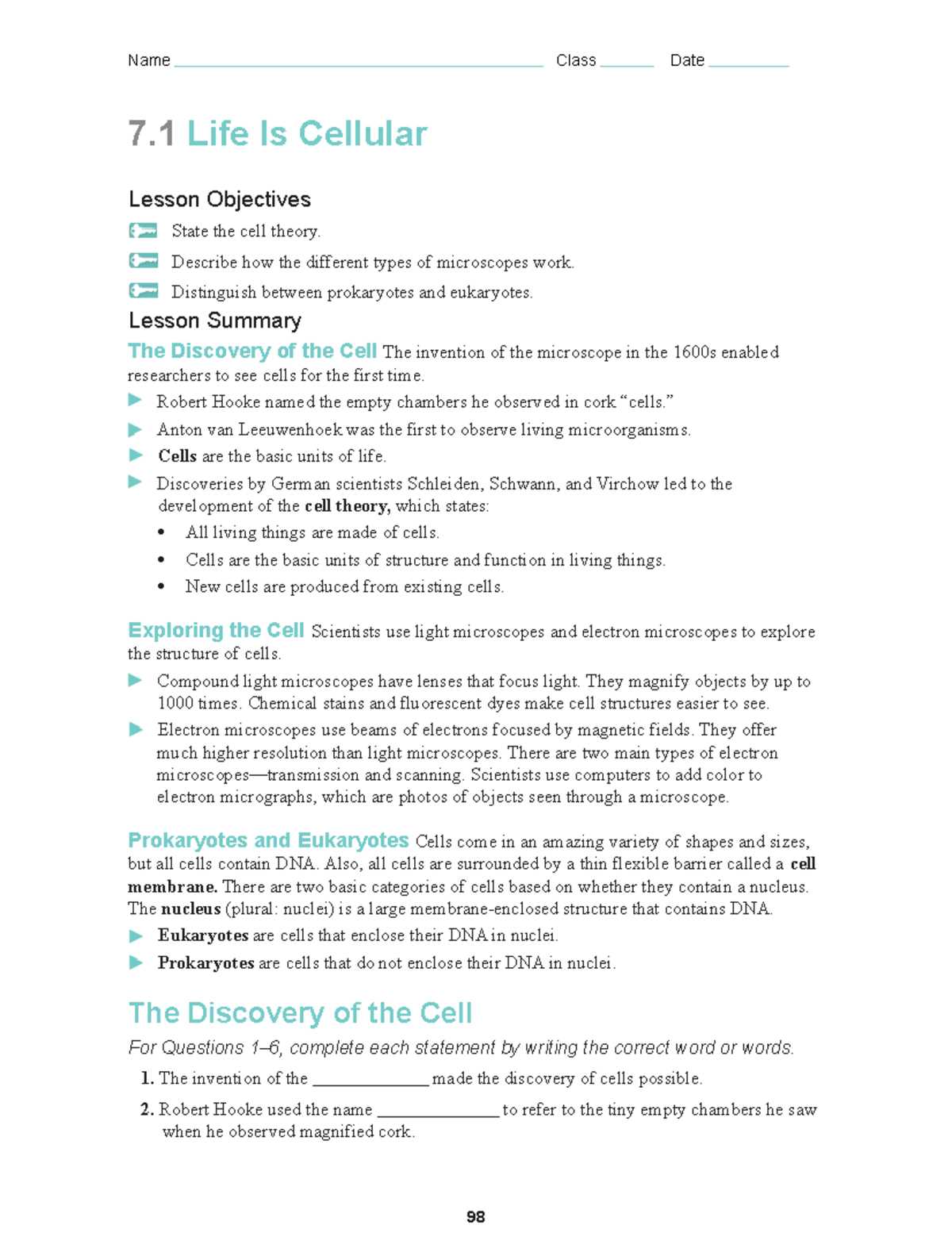 chapter 7 section 1 cell discovery and theory answer key