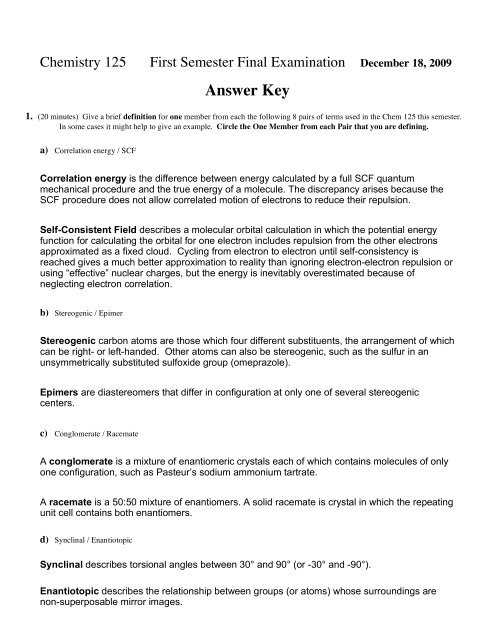 chemistry 1st semester exam answer key