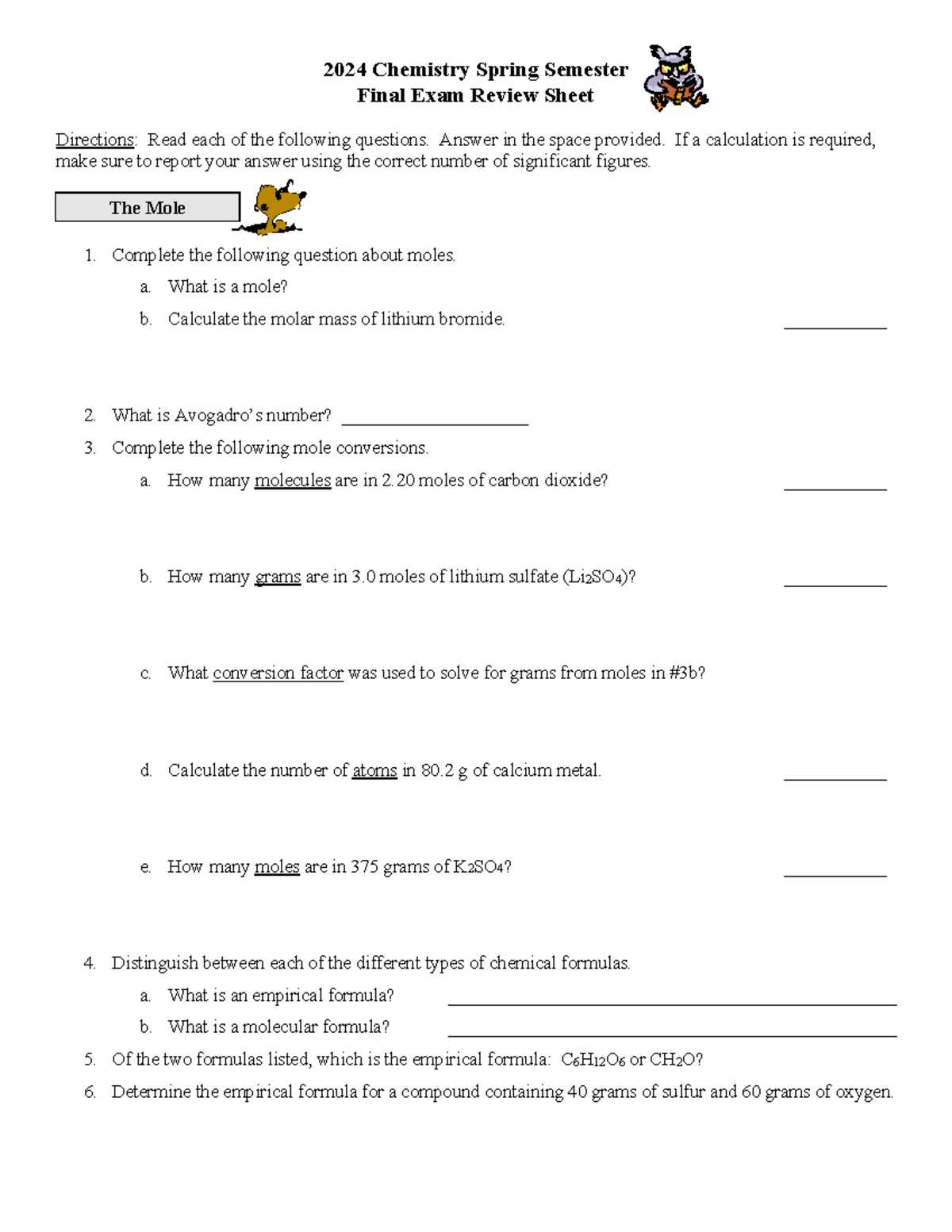 chemistry 1st semester exam review